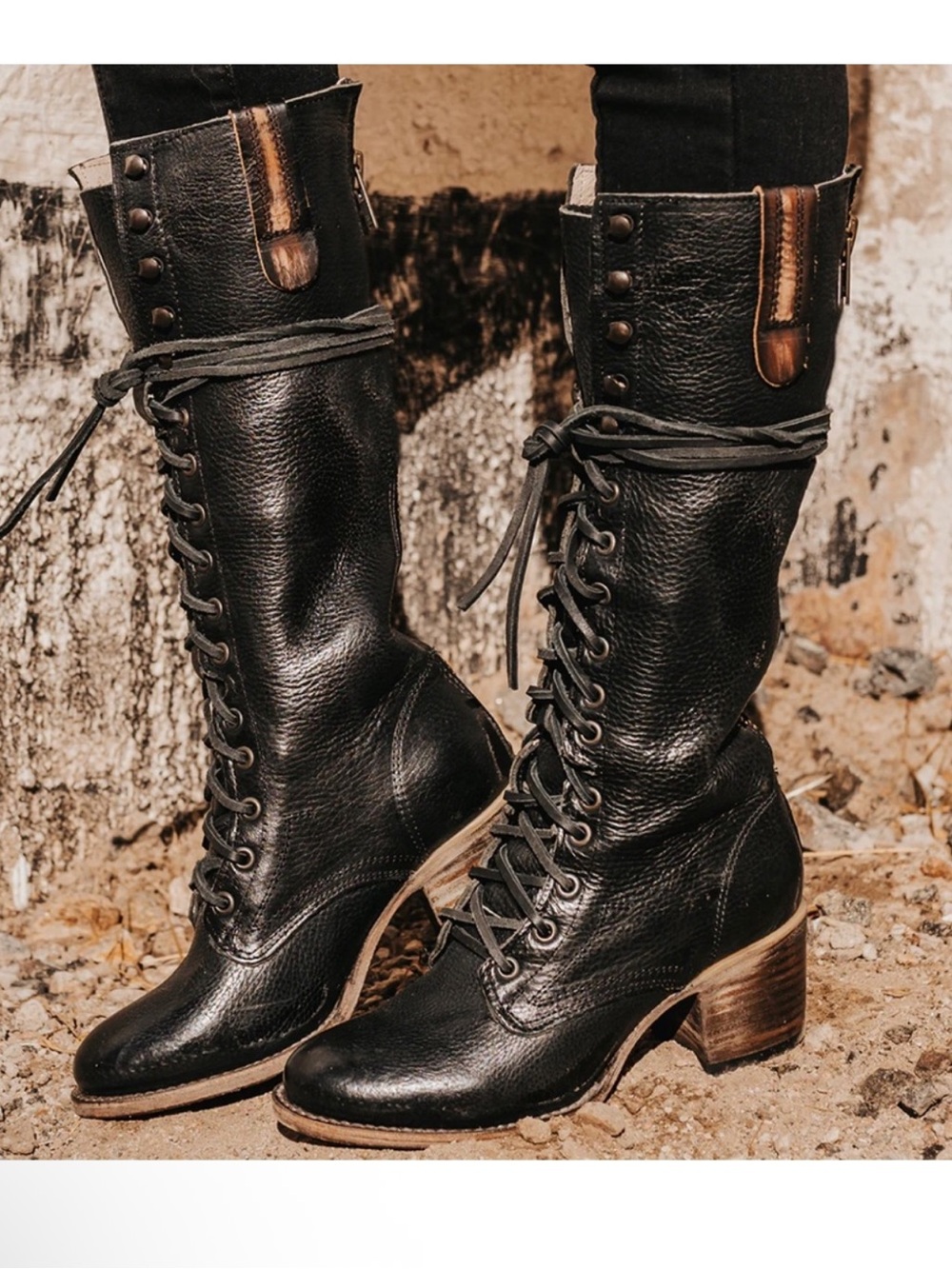 Freebird Grany Leather Black Lace-Up Boho Heeled Fall Rustic Knee-high Boots 6